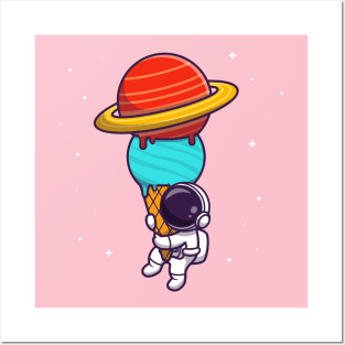 Cute Astronaut Holding Ice Cream Planet Cartoon Posters and Art